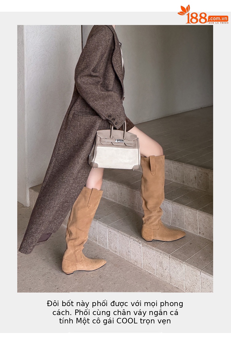 Boot nữ cổ thấp mũi nhọn gót thấp ống xếp ly chất da lộn — màu đen, màu xám, màu mơ chi tiết 9