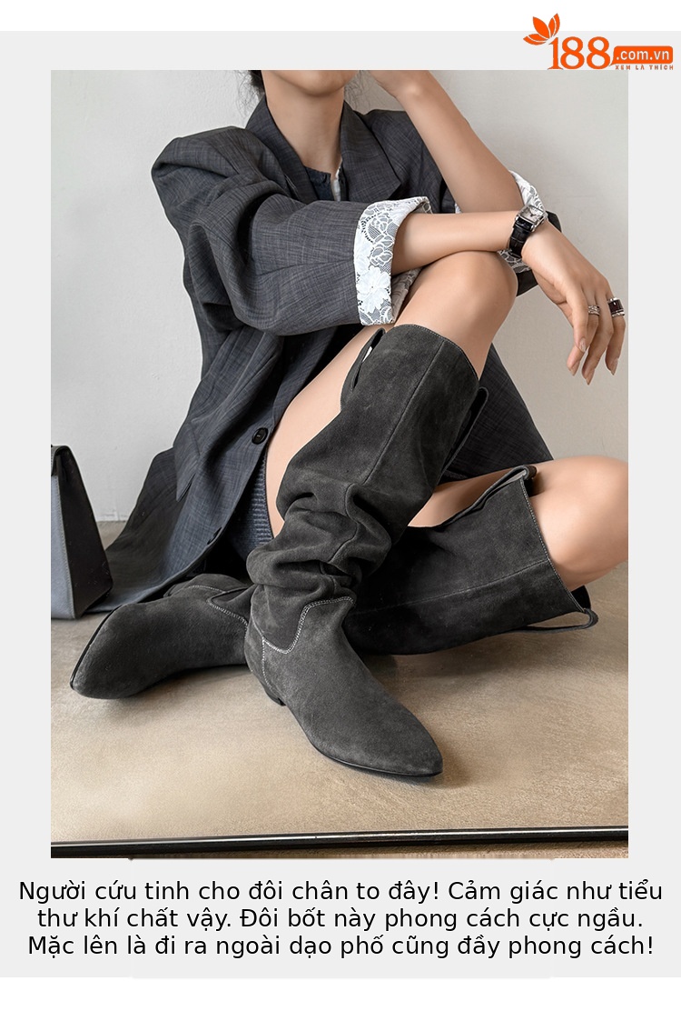 Boot nữ cổ thấp mũi nhọn gót thấp ống xếp ly chất da lộn — màu đen, màu xám, màu mơ chi tiết 10