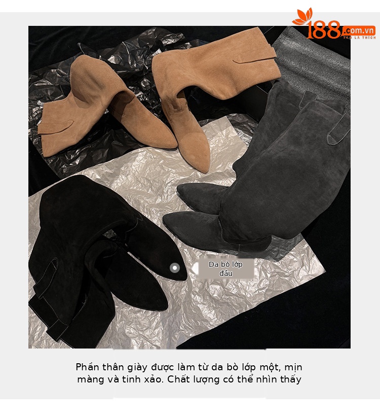 Boot nữ cổ thấp mũi nhọn gót thấp ống xếp ly chất da lộn — màu đen, màu xám, màu mơ chi tiết 11