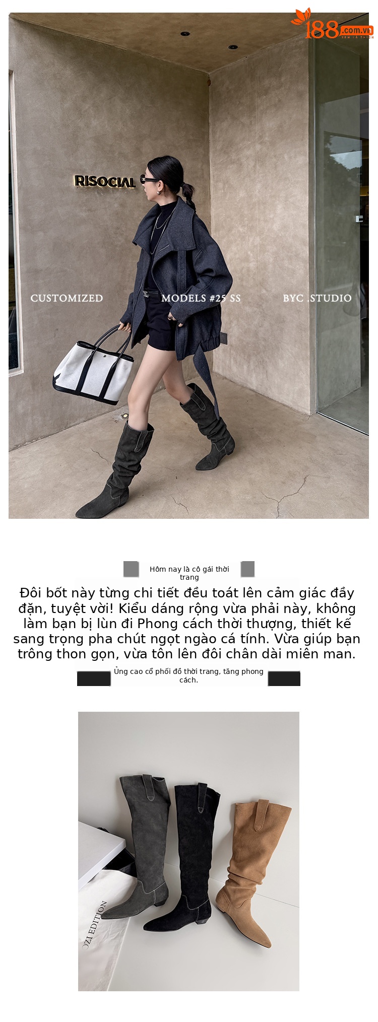 Boot nữ cổ thấp mũi nhọn gót thấp ống xếp ly chất da lộn — màu đen, màu xám, màu mơ chi tiết 1