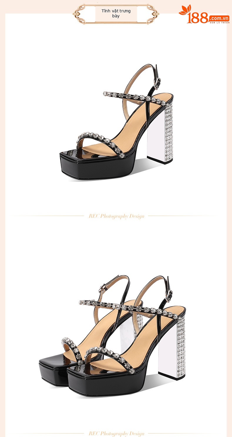 Sandal cao gót nữ hở mũi quai ngang đế dày gót thô 12 cm — đen chi tiết 2