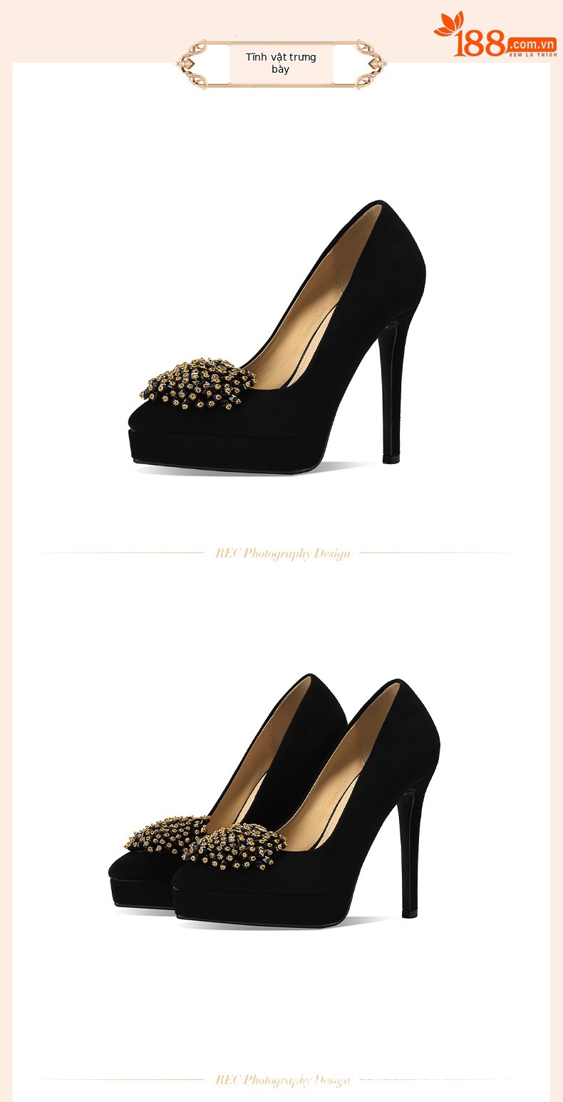 Giày cao gót nữ mũi nhọn phong cách Pháp, gót nhọn 10 cm, đế platform da thật, đính đá rhinestone — Màu nâu nhạt 10 cm chi tiết 1