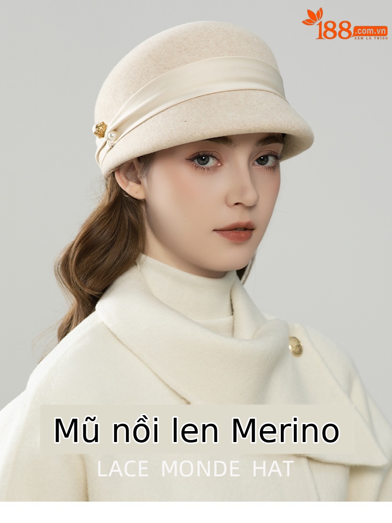 Mũ lưỡi trai nữ len phối nút ngọc trai kiểu mũ cưỡi ngựa thanh lịch — màu đen chi tiết 1