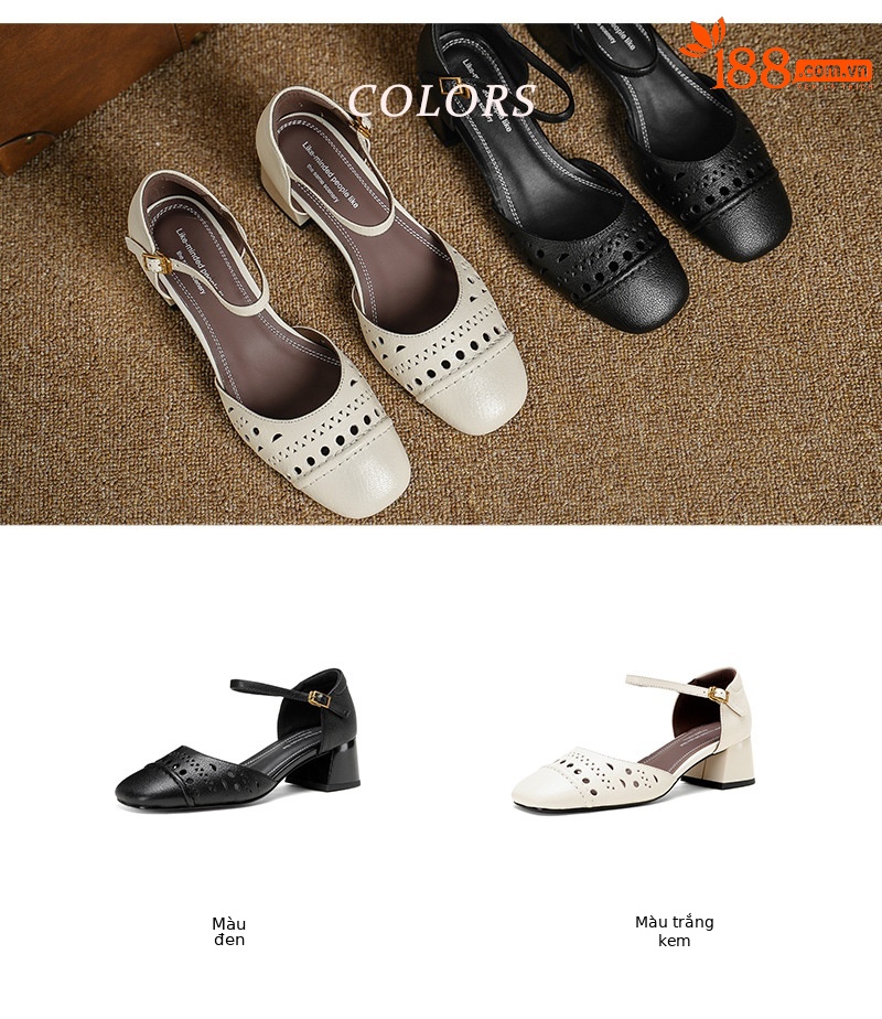 Sandal nữ da dê chạm trổ hoa văn, gót vuông 4,5 cm, mũi vuông hở — đen chi tiết 5