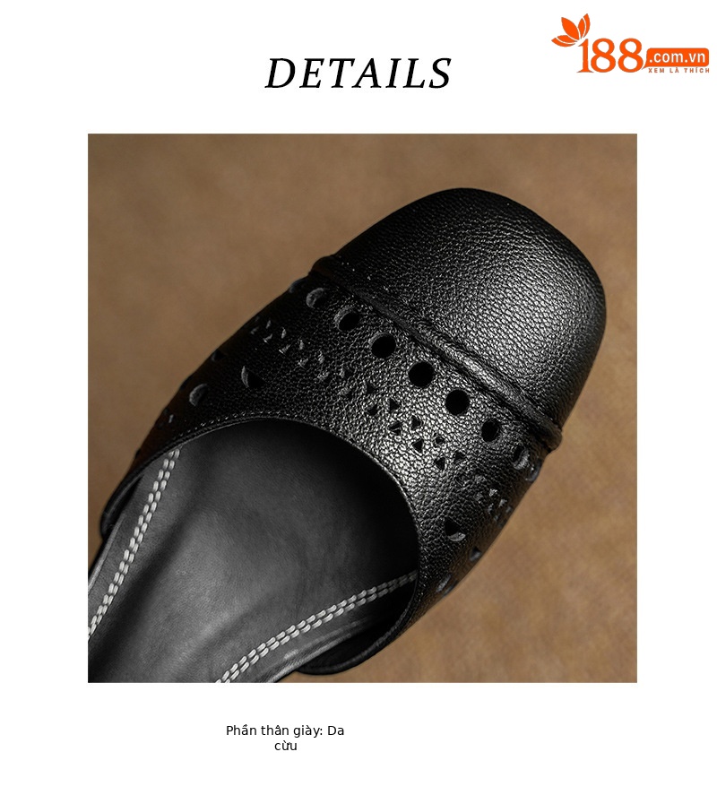 Sandal nữ da dê chạm trổ hoa văn, gót vuông 4,5 cm, mũi vuông hở — đen chi tiết 16