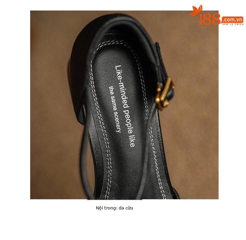 Sandal nữ da dê chạm trổ hoa văn, gót vuông 4,5 cm, mũi vuông hở — đen chi tiết 17