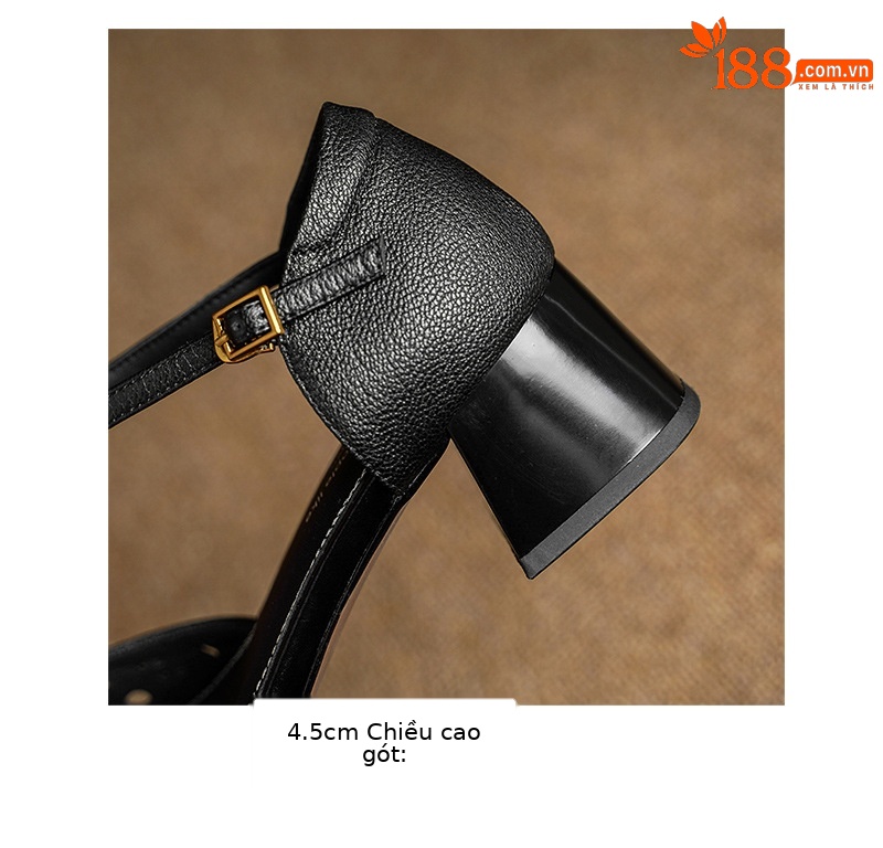 Sandal nữ da dê chạm trổ hoa văn, gót vuông 4,5 cm, mũi vuông hở — đen chi tiết 18