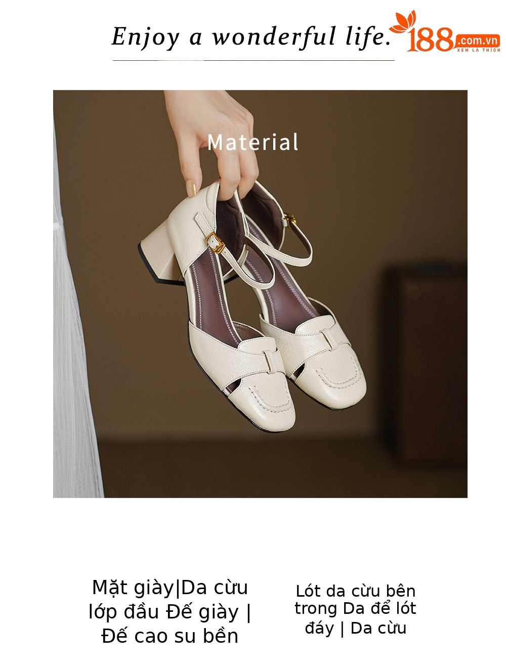 Sandal nữ da dê chạm trổ hoa văn, gót vuông 4,5 cm, mũi vuông hở mũi — đen chi tiết 4