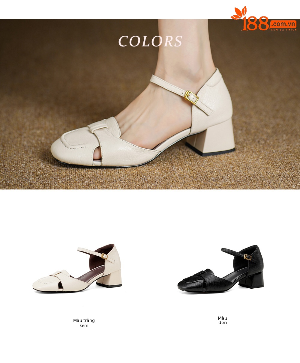 Sandal nữ da dê chạm trổ hoa văn, gót vuông 4,5 cm, mũi vuông hở mũi — đen chi tiết 5
