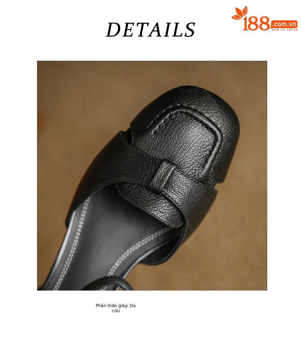 Sandal nữ da dê chạm trổ hoa văn, gót vuông 4,5 cm, mũi vuông hở mũi — đen chi tiết 16