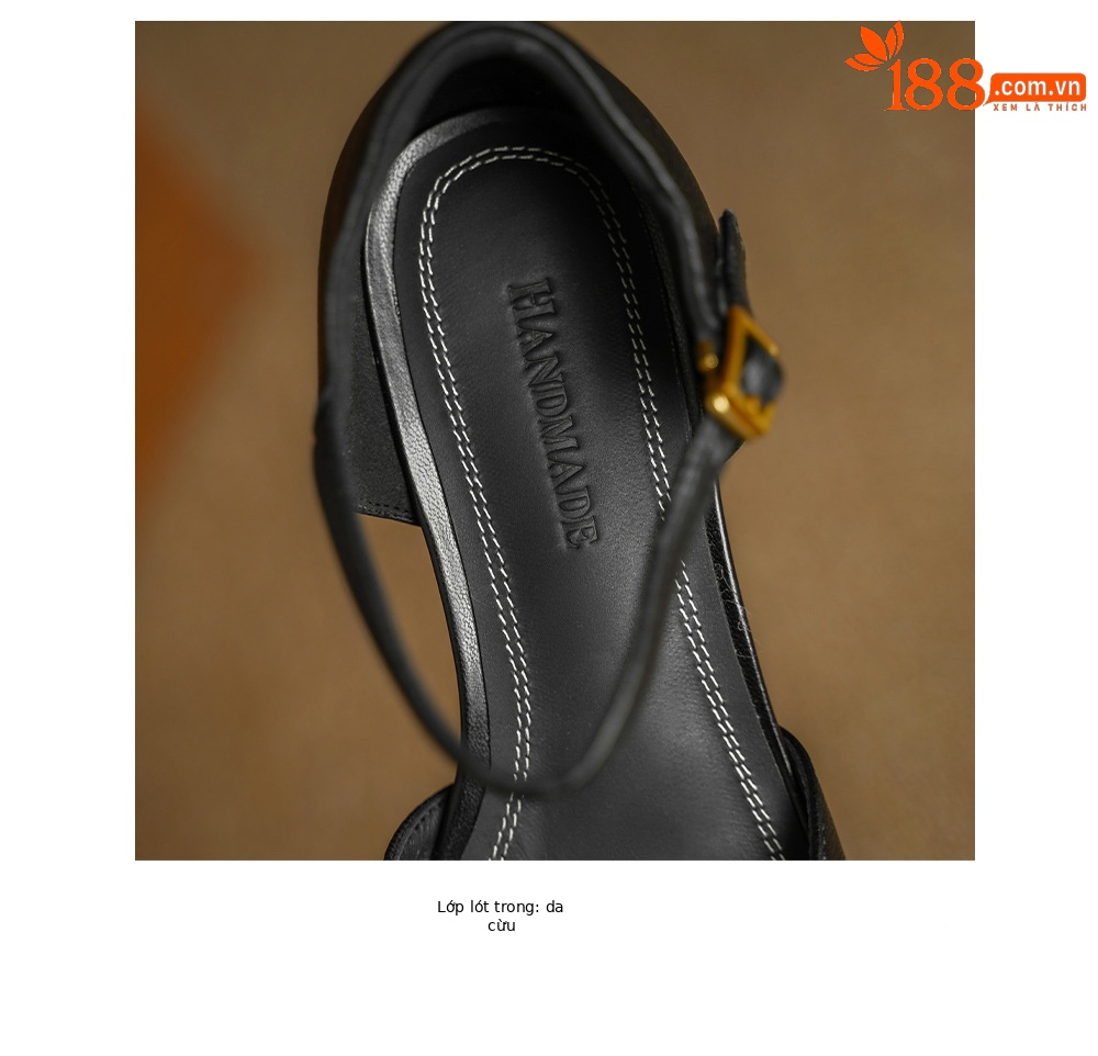 Sandal nữ da dê chạm trổ hoa văn, gót vuông 4,5 cm, mũi vuông hở mũi — đen chi tiết 17