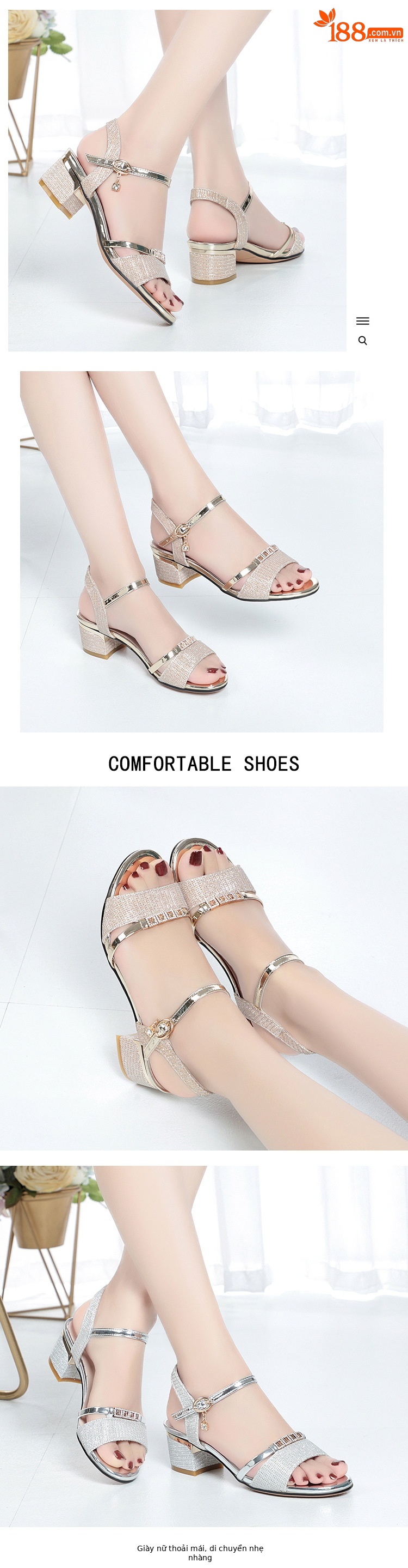 Sandal da thật nữ quai chữ V gót dày đế mềm mùa hè — vàng chi tiết 4