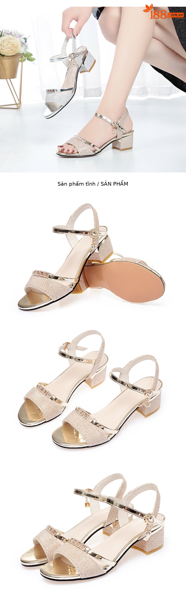 Sandal da thật nữ quai chữ V gót dày đế mềm mùa hè — vàng chi tiết 6