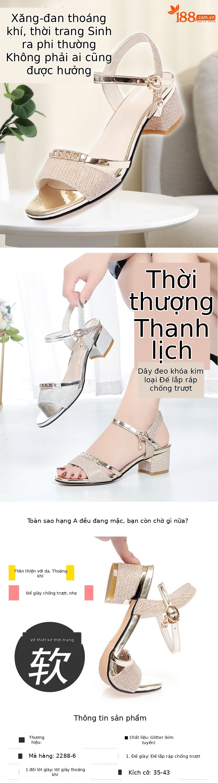 Sandal da thật nữ quai chữ V gót dày đế mềm mùa hè — vàng chi tiết 1