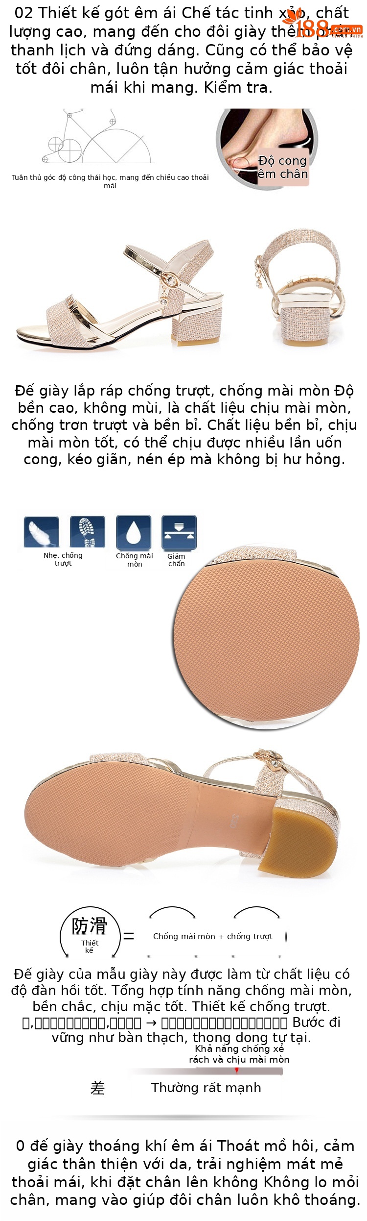 Sandal da thật nữ quai chữ V gót dày đế mềm mùa hè — vàng chi tiết 2