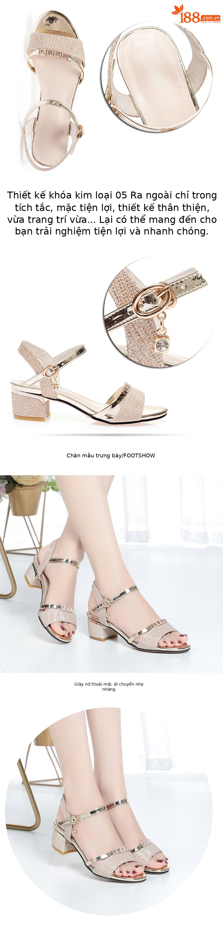 Sandal da thật nữ quai chữ V gót dày đế mềm mùa hè — vàng chi tiết 3