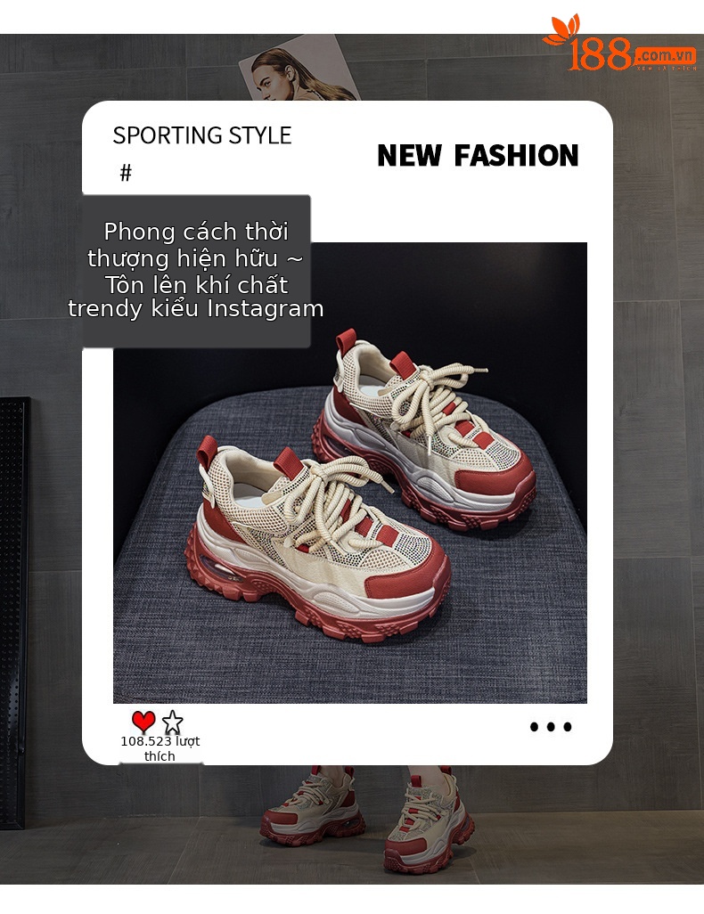 Giày sneaker nữ chunky đế dày phong cách retro, tăng chiều cao, đính đá lấp lánh — M2911 vàng, M2911 be, M2911 đỏ, M2911 xanh lá chi tiết 3