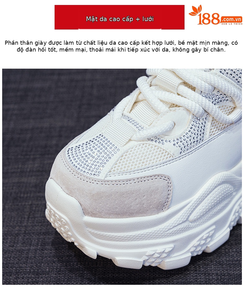 Giày sneaker nữ chunky đế dày phong cách retro, tăng chiều cao, đính đá lấp lánh — M2911 vàng, M2911 be, M2911 đỏ, M2911 xanh lá chi tiết 7