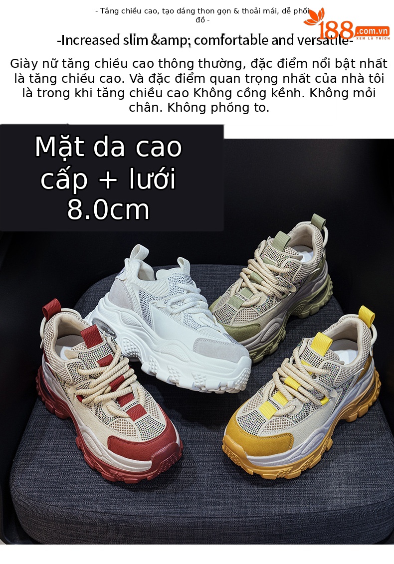 Giày sneaker nữ chunky đế dày phong cách retro, tăng chiều cao, đính đá lấp lánh — M2911 vàng, M2911 be, M2911 đỏ, M2911 xanh lá chi tiết 2