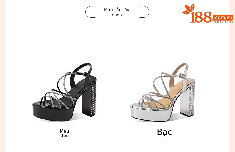 Giày sandal cao gót nữ hở mũi gót vuông pha lê đế platform dày — đen chi tiết 1