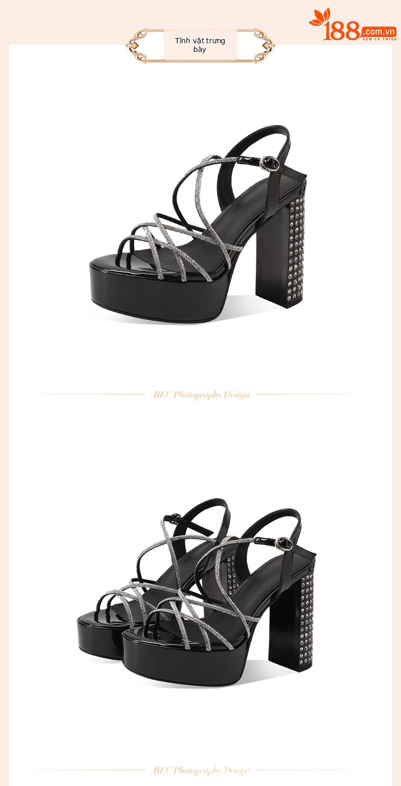 Giày sandal cao gót nữ hở mũi gót vuông pha lê đế platform dày — đen chi tiết 2