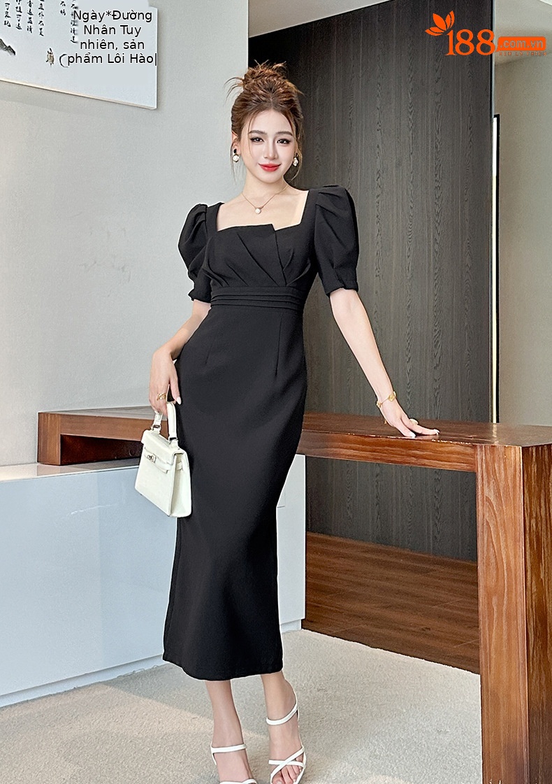 Đầm maxi nữ thắt eo phong cách Pháp cổ điển thiết kế xếp ly — màu đen chi tiết 2