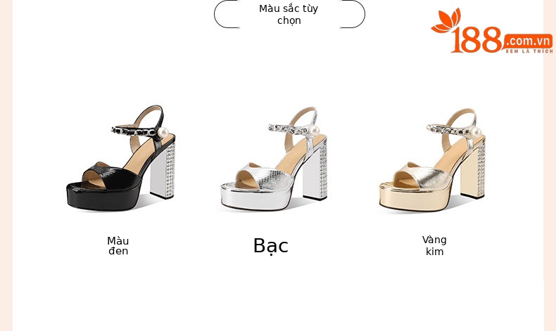 Sandal cao gót nữ hở mũi đính đá, gót thô 12 cm, đế platform 4 cm, quai ngang khóa, da thật phong cách Âu Mỹ — đen chi tiết 1