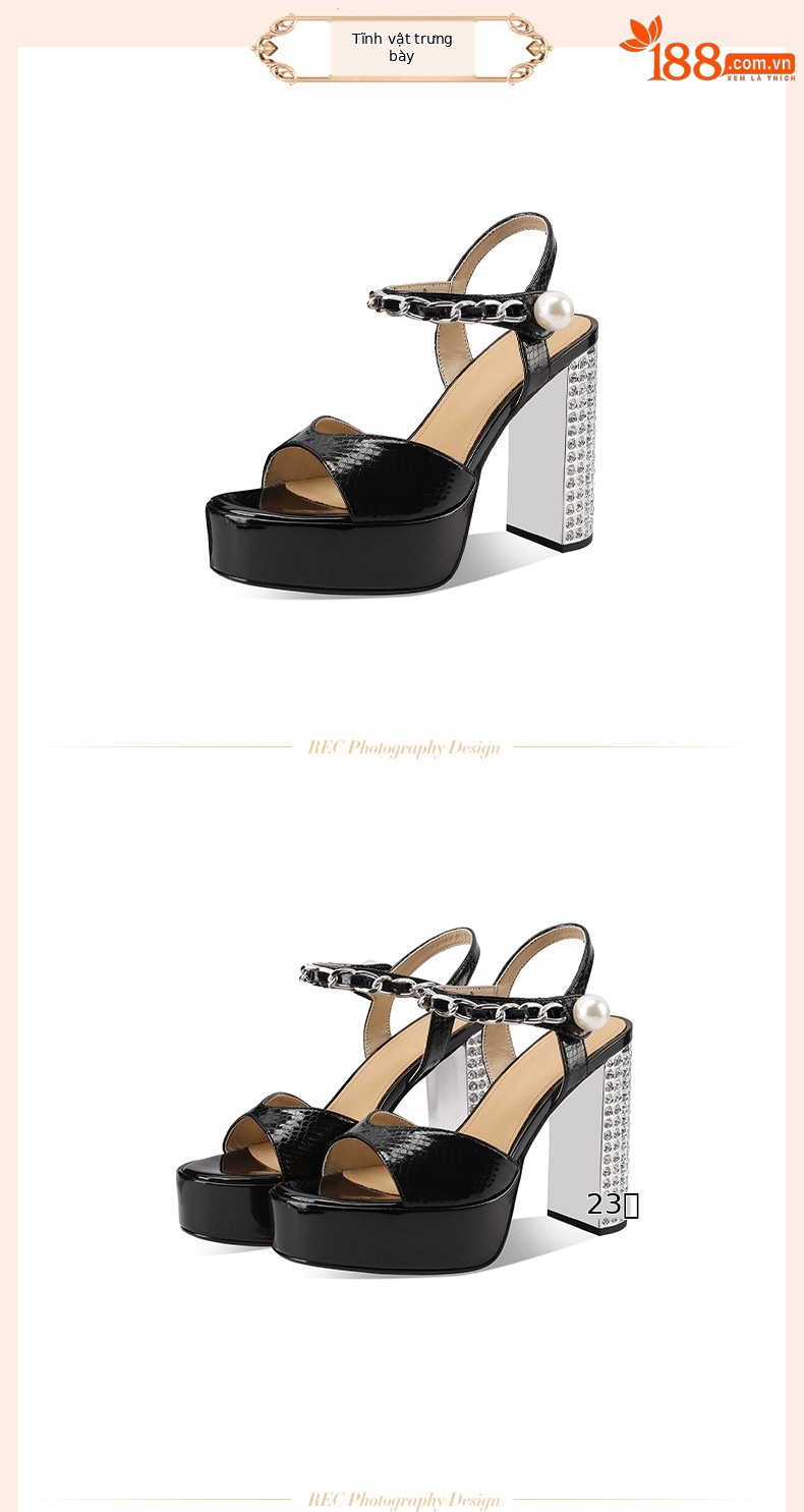 Sandal cao gót nữ hở mũi đính đá, gót thô 12 cm, đế platform 4 cm, quai ngang khóa, da thật phong cách Âu Mỹ — đen chi tiết 2