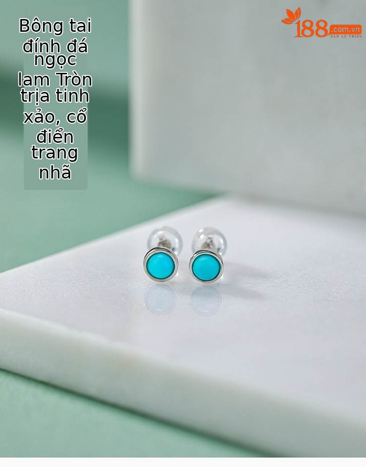 Bông tai bạc S925 hình tròn đính đá turquoise phong cách hình học nhỏ — một cặp chi tiết 1