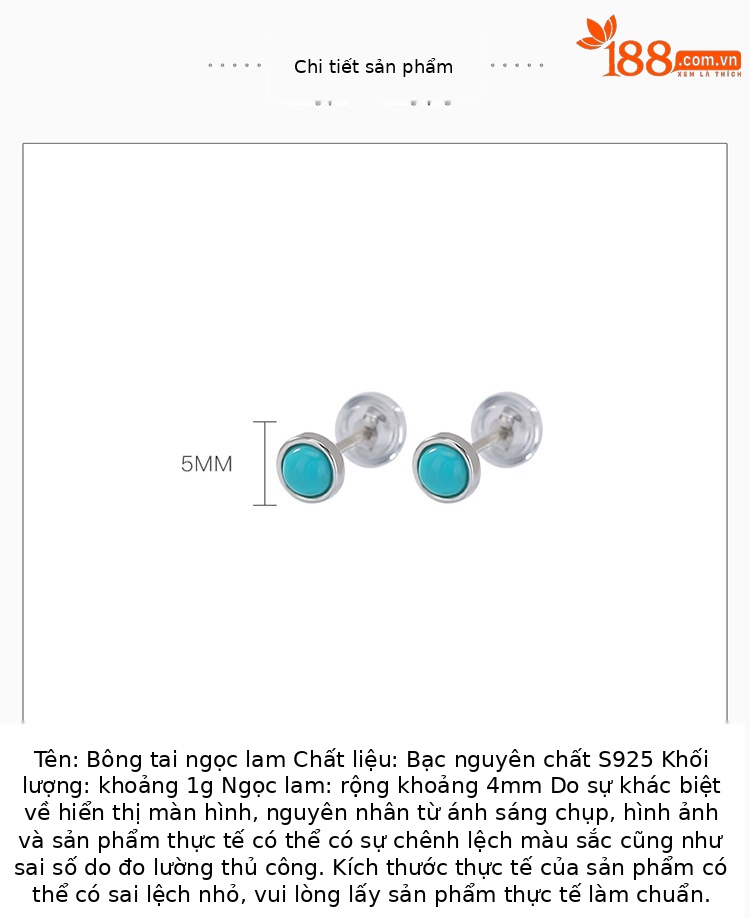 Bông tai bạc S925 hình tròn đính đá turquoise phong cách hình học nhỏ — một cặp chi tiết 2