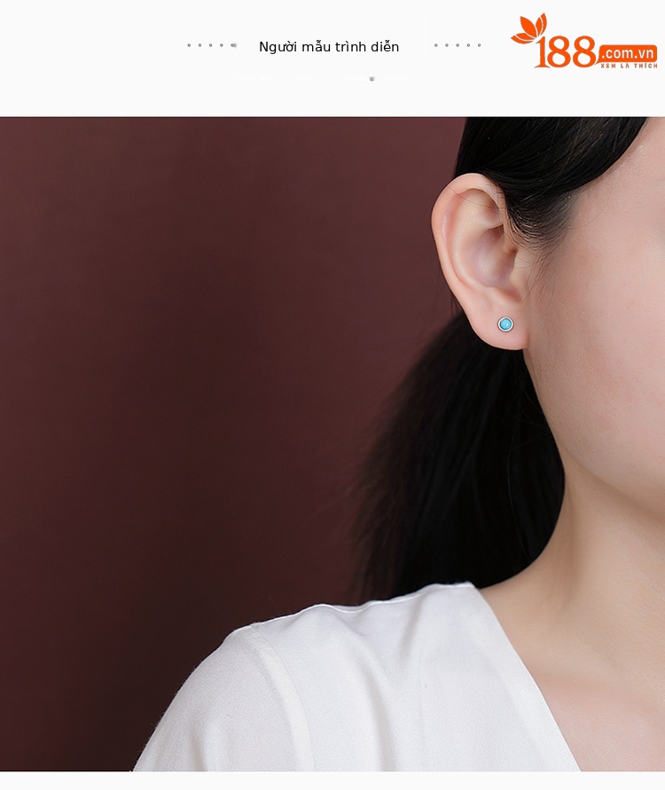 Bông tai bạc S925 hình tròn đính đá turquoise phong cách hình học nhỏ — một cặp chi tiết 3