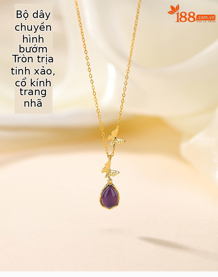 Dây chuyền mặt dây chuyền bạc S925 mạ vàng hình bướm giọt nước phong cách quốc phong — Bạc (kèm dây) chi tiết 1