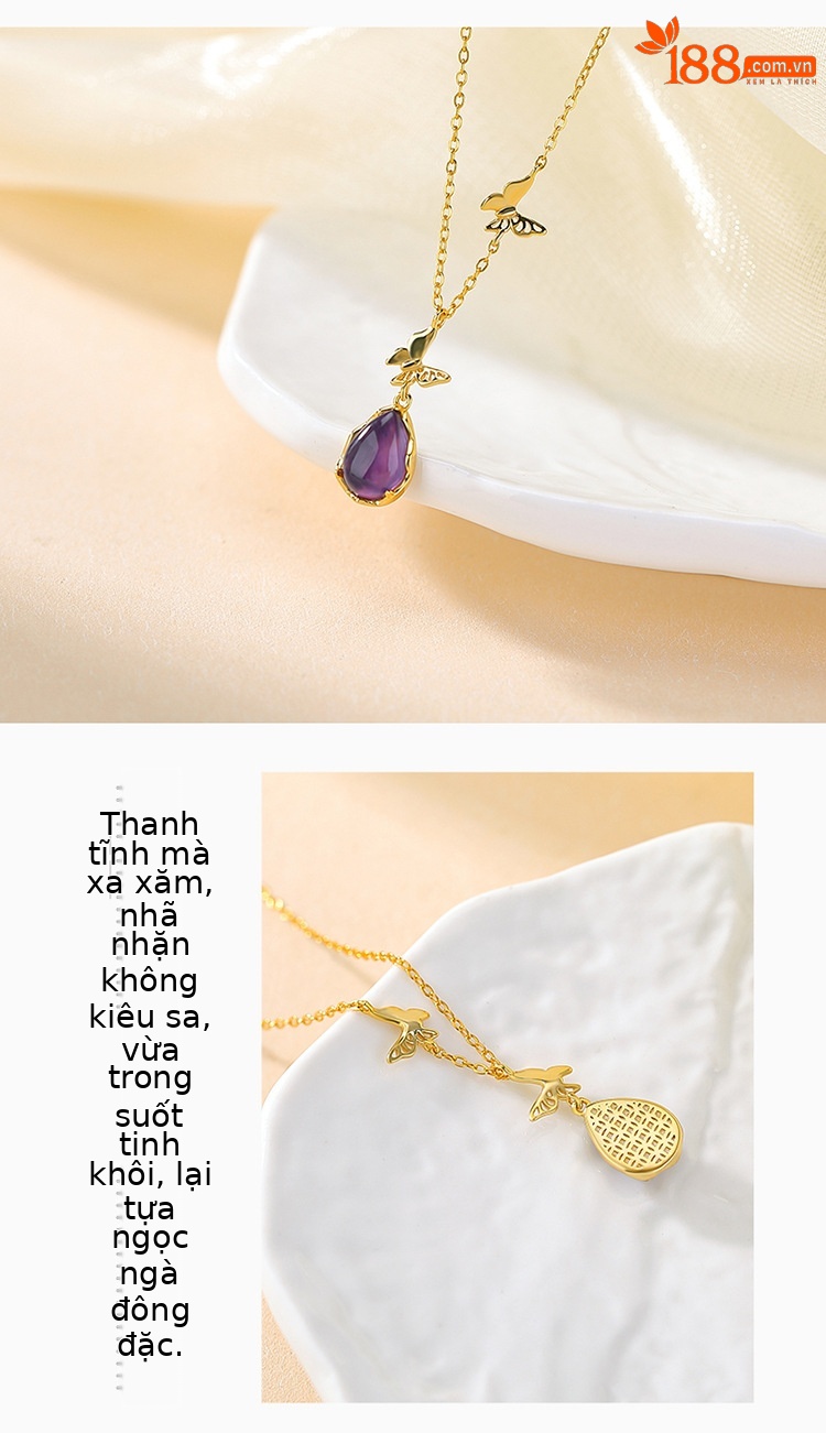 Dây chuyền mặt dây chuyền bạc S925 mạ vàng hình bướm giọt nước phong cách quốc phong — Bạc (kèm dây) chi tiết 3