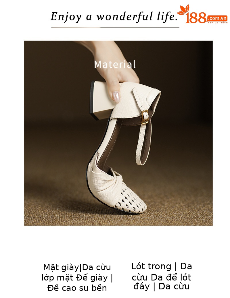 Sandal nữ da cừu mũi nhọn quai khóa một đường gót dày 5 cm — đen chi tiết 3