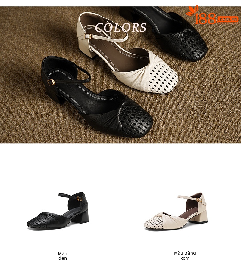 Sandal nữ da cừu mũi nhọn quai khóa một đường gót dày 5 cm — đen chi tiết 4