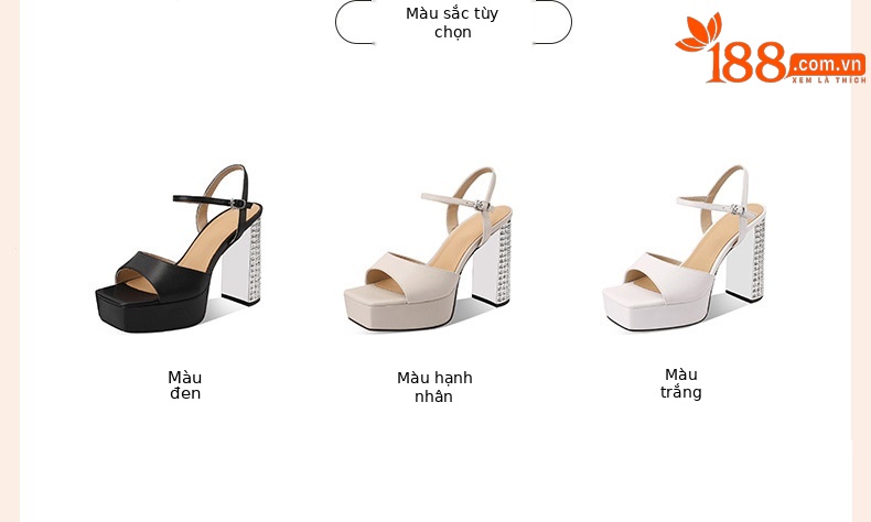 Sandal cao gót nữ đế platform da thật đính đá quai ngang khóa chữ T — đen chi tiết 1