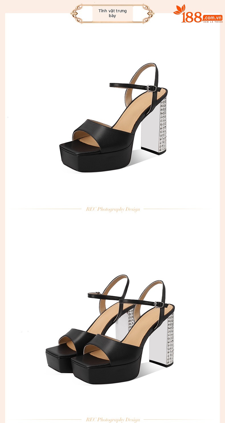 Sandal cao gót nữ đế platform da thật đính đá quai ngang khóa chữ T — đen chi tiết 2