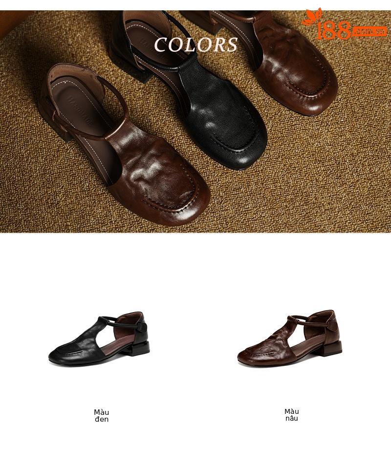 Dép sandal nữ quai ngang mũi tròn đế bằng da bò phong cách retro — màu nâu chi tiết 4