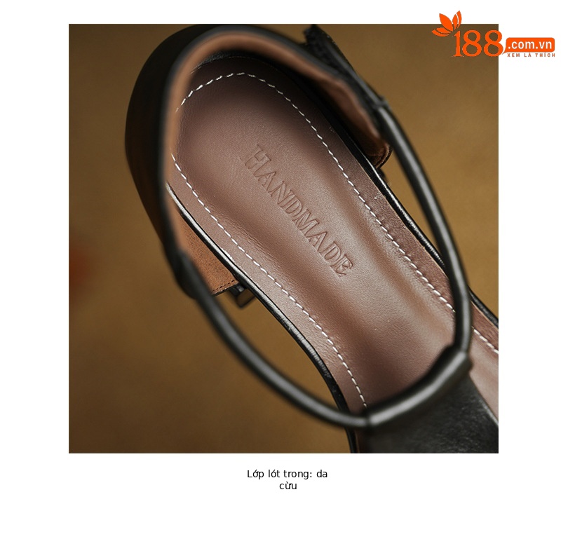 Dép sandal nữ quai ngang mũi tròn đế bằng da bò phong cách retro — màu nâu chi tiết 18