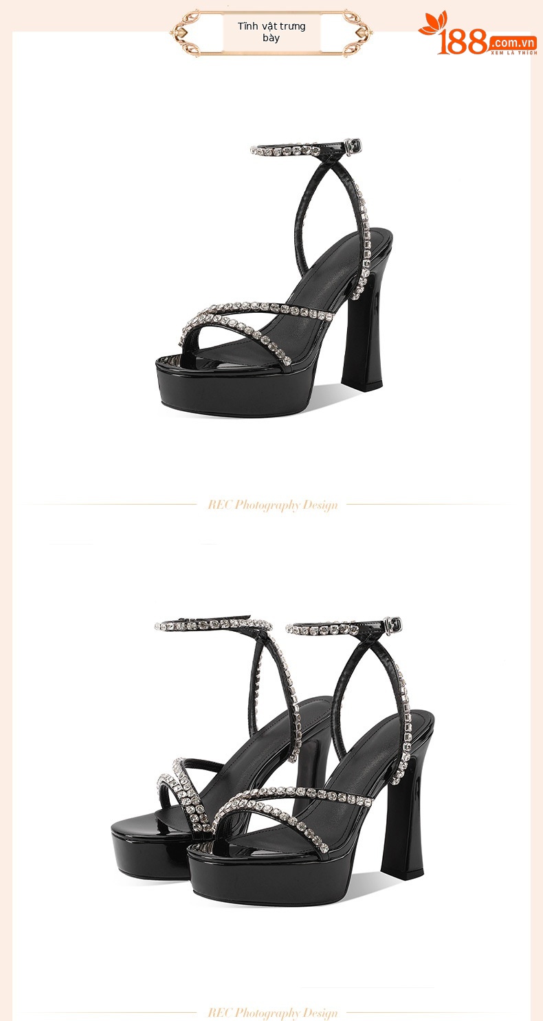 Sandal cao gót nữ hở mũi quai một chữ đế dày platform da thật — đen chi tiết 2