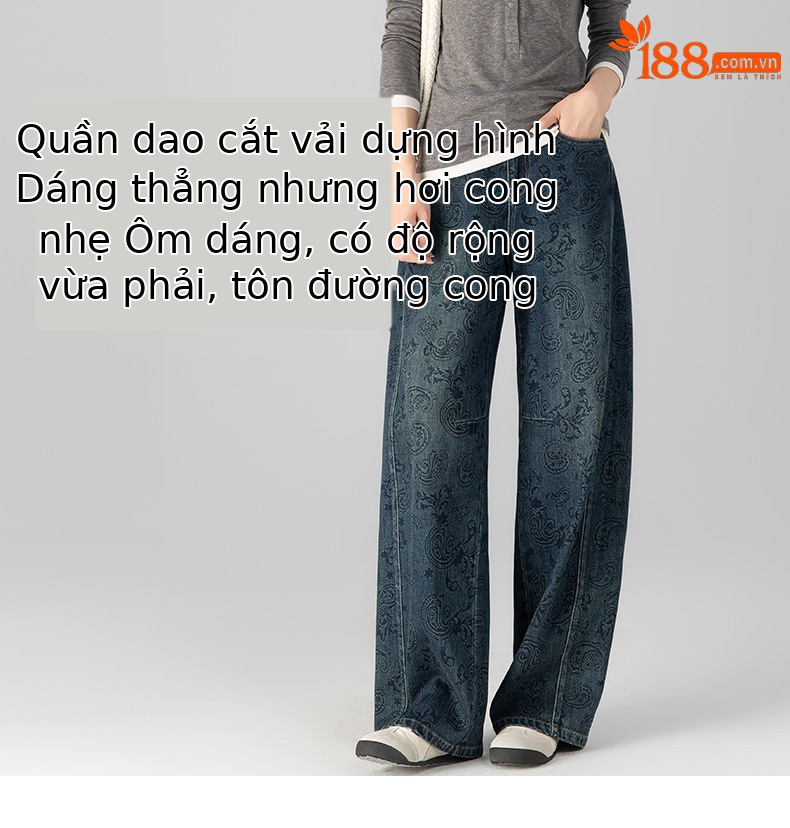 Quần jeans nữ dáng rộng lưng cao ống rộng thiết kế Jacquard Scimitar — màu xanh chi tiết 10