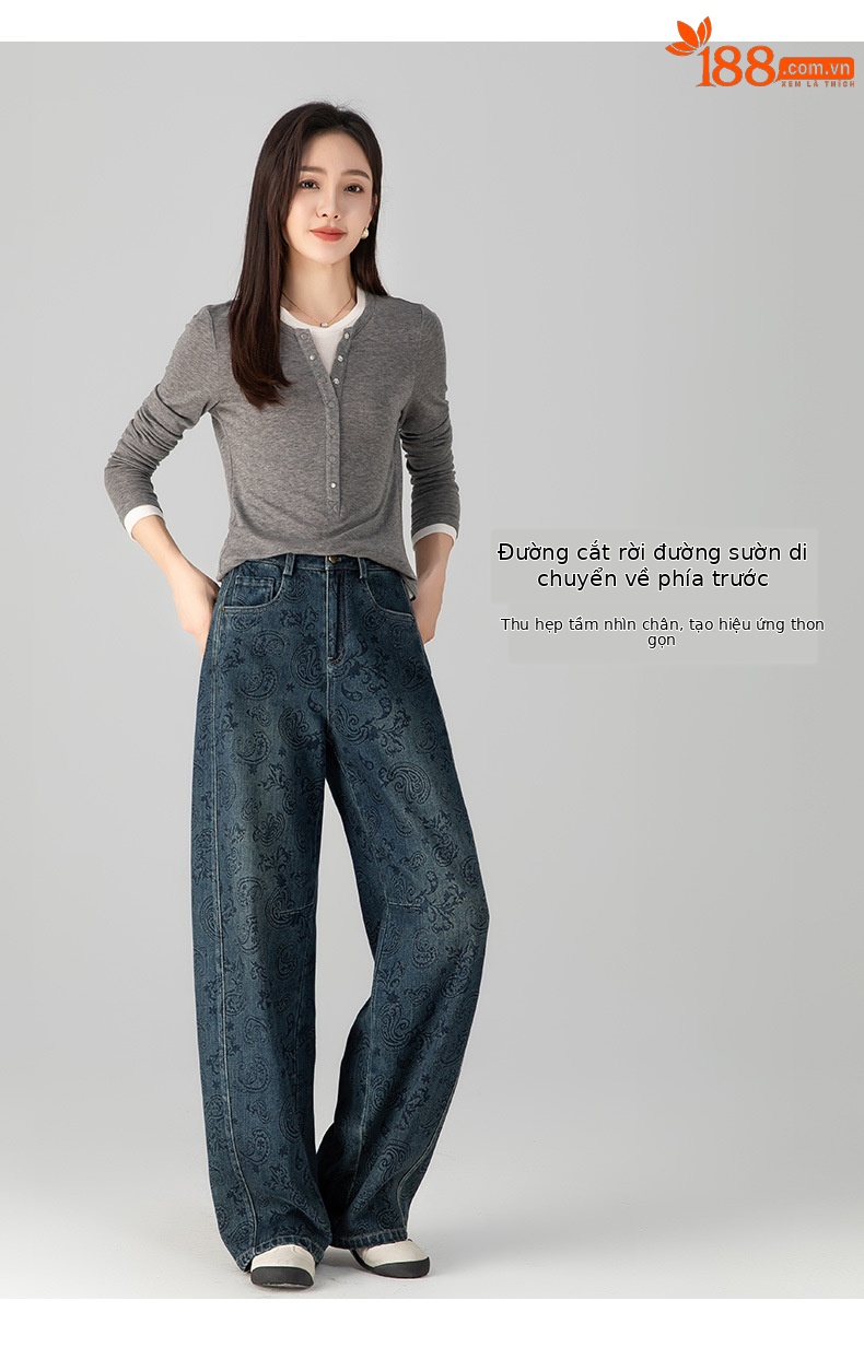 Quần jeans nữ dáng rộng lưng cao ống rộng thiết kế Jacquard Scimitar — màu xanh chi tiết 11
