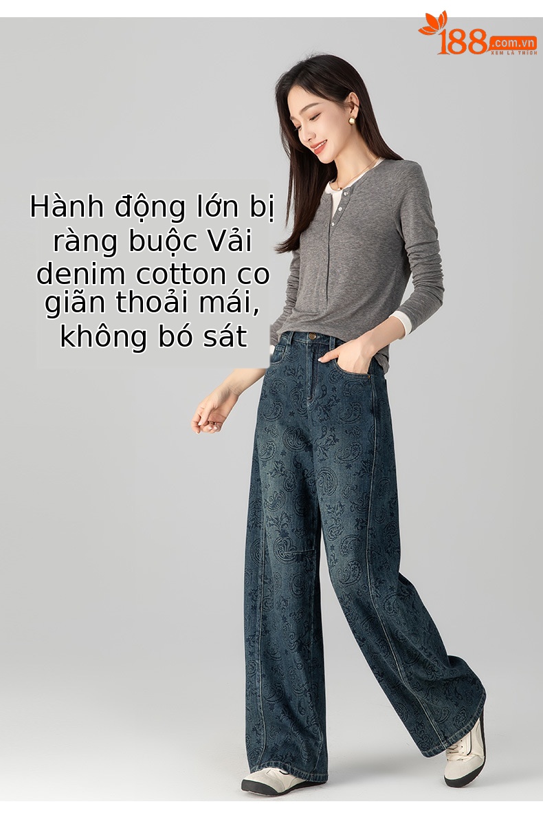 Quần jeans nữ dáng rộng lưng cao ống rộng thiết kế Jacquard Scimitar — màu xanh chi tiết 12