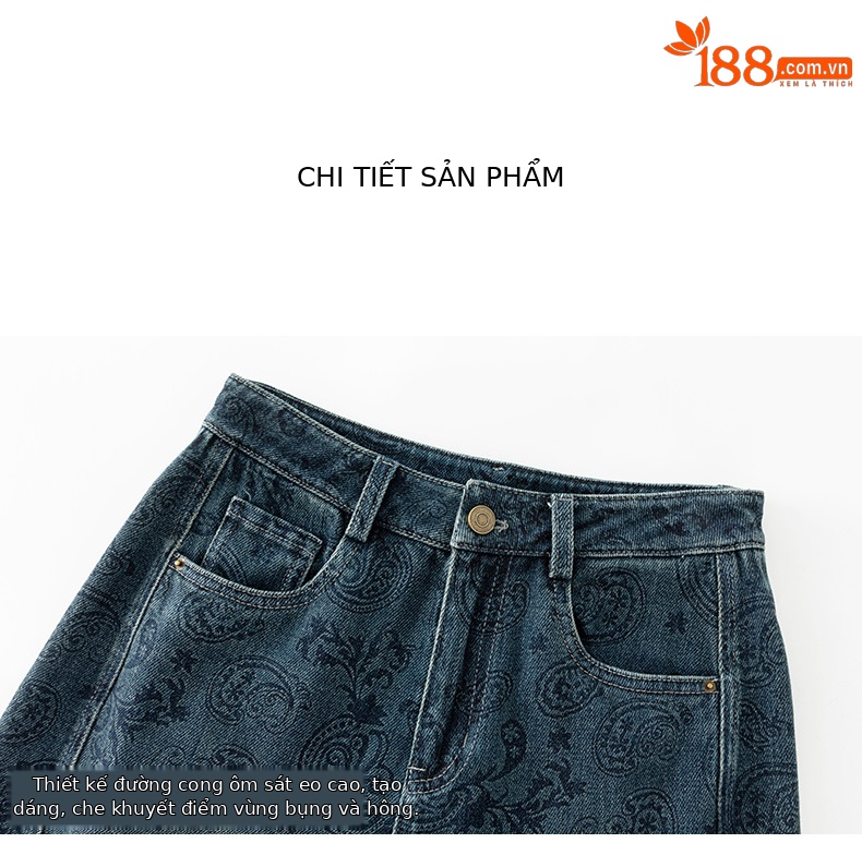 Quần jeans nữ dáng rộng lưng cao ống rộng thiết kế Jacquard Scimitar — màu xanh chi tiết 15