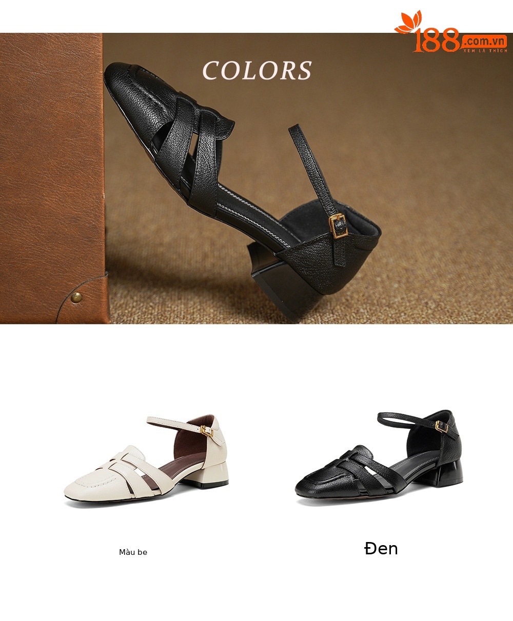 Sandal nữ da cừu mũi nhọn quai khóa gót thô 9 cm — đen chi tiết 3