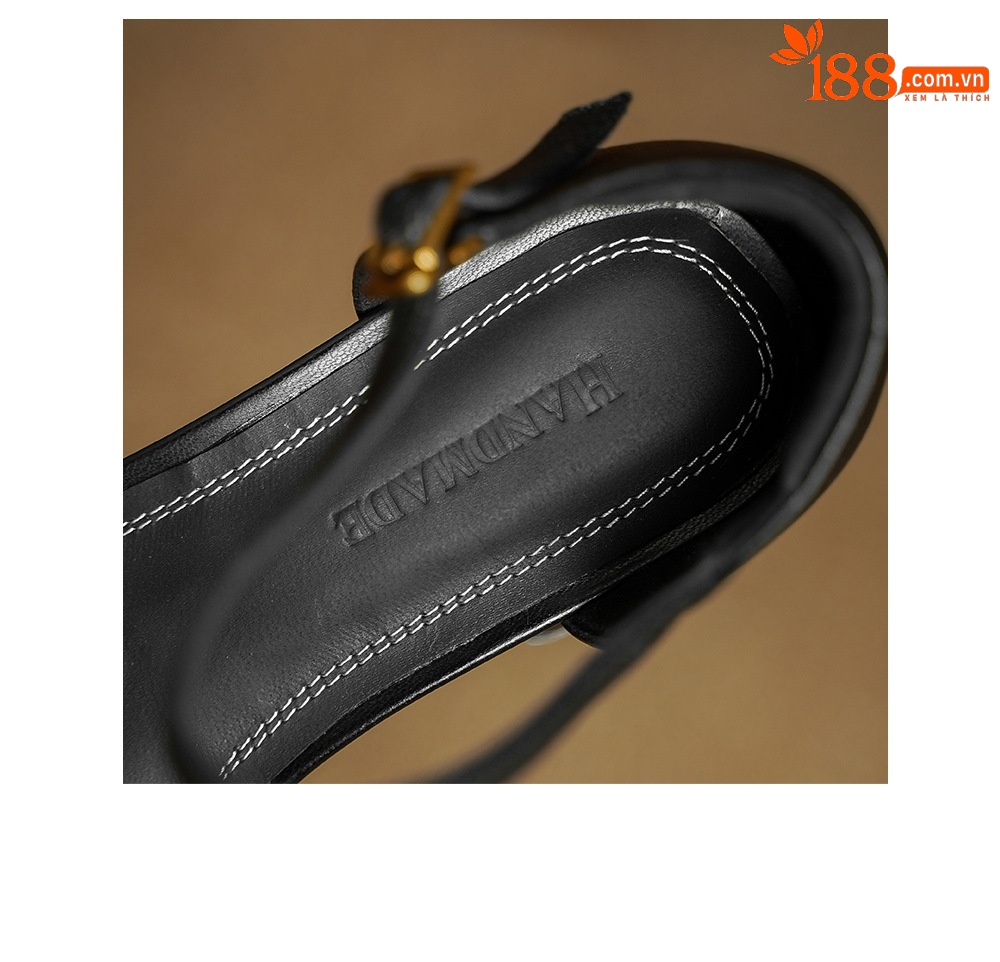 Sandal nữ da cừu mũi nhọn quai khóa gót thô 9 cm — đen chi tiết 17