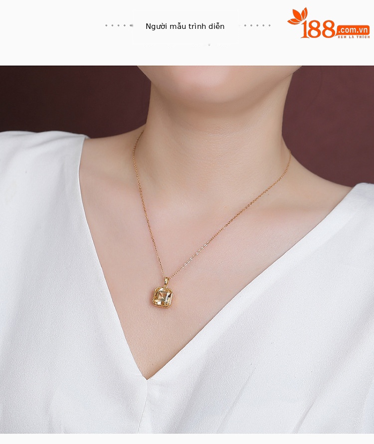 Mặt dây chuyền bạc S925 mạ vàng hình vuông cắt khối pha lê vàng phong cách cổ điển — Mặt dây chuyền đơn (không kèm dây) chi tiết 3