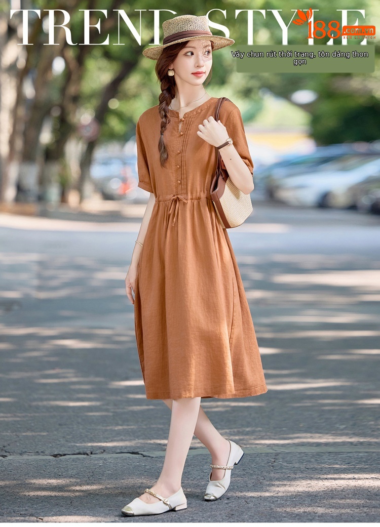 Đầm maxi nữ thắt eo cotton linen 2025 form rộng thanh lịch — màu sắc, Xanh lông mòng đen chi tiết 1