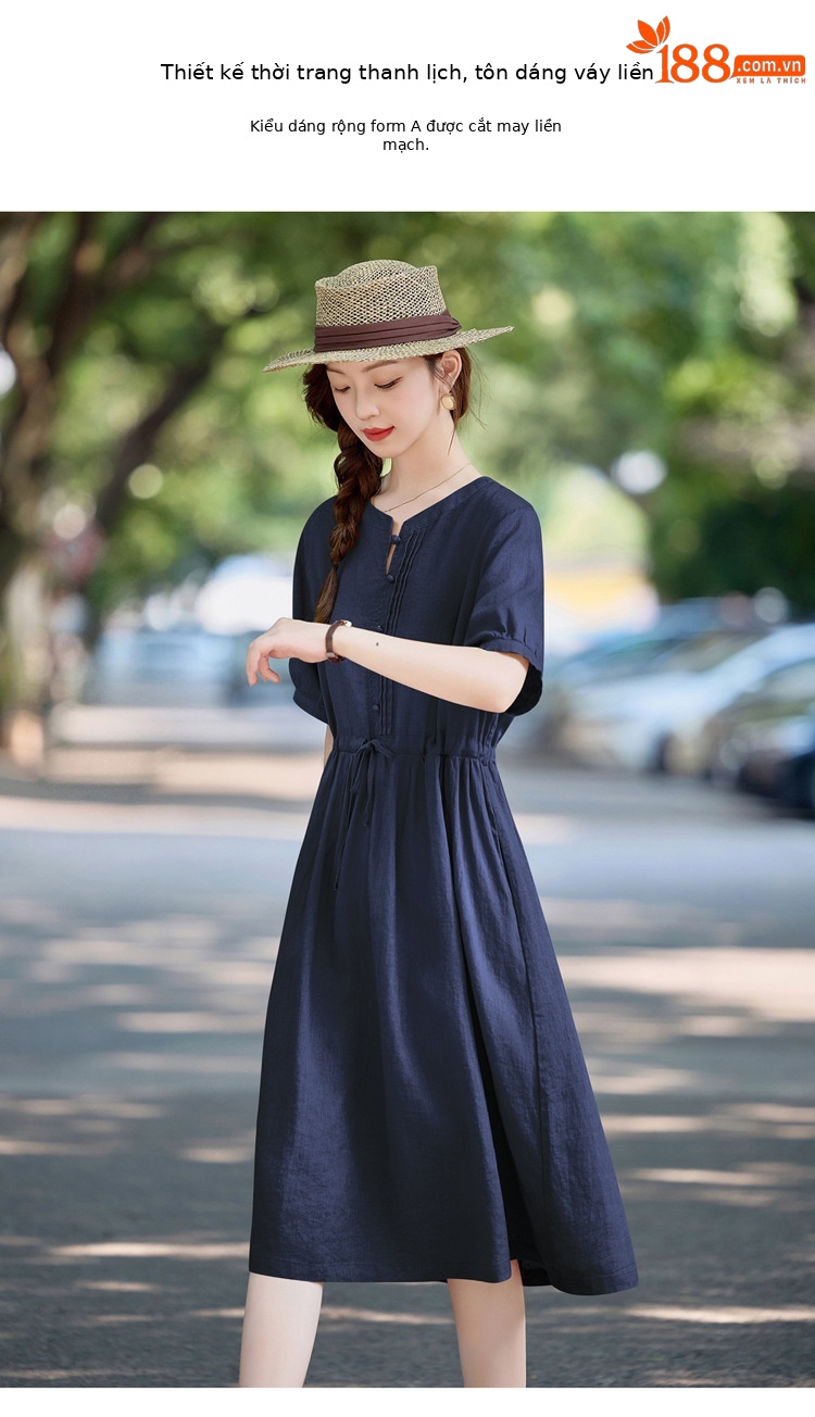 Đầm maxi nữ thắt eo cotton linen 2025 form rộng thanh lịch — màu sắc, Xanh lông mòng đen chi tiết 2