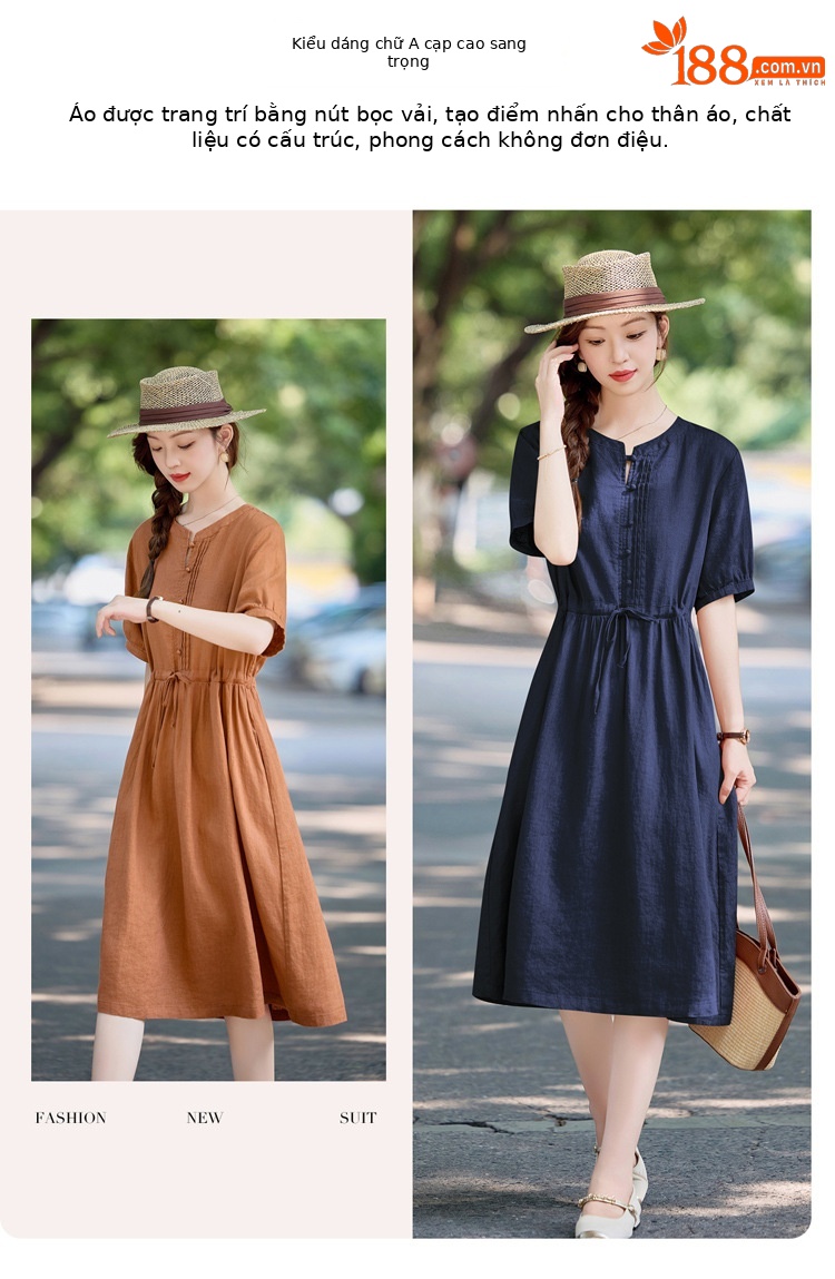Đầm maxi nữ thắt eo cotton linen 2025 form rộng thanh lịch — màu sắc, Xanh lông mòng đen chi tiết 5